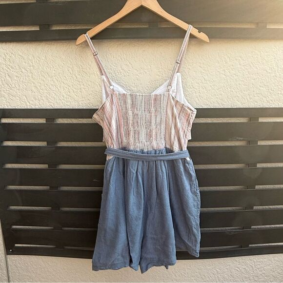 Anthropologie Lilka Poolside Linen Blend Romper in Blue & Multi-stripe | Large - Picture 4 of 7
